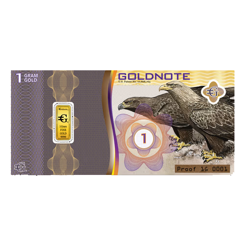 Goldnote one-gram fine gold note with eagle artwork